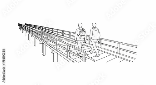 Two figures walk on an elevated pathway, their backs to the viewer