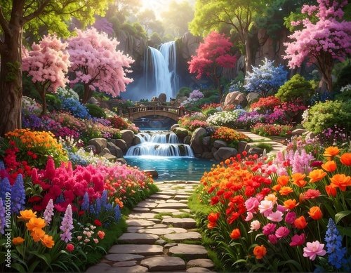 A serene garden scene with a stone pathway, waterfall, and vibrant flowers