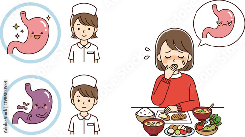 Stomach Health with Positive and Negative Expressions for Digestion, Food Sensitivity, and Wellness Illustration