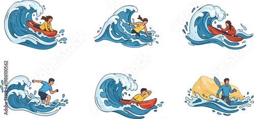 Surfing and kayaking ocean waves vector set, active people riding blue sea waves, collection of 6 water sports illustrations for summer vacation