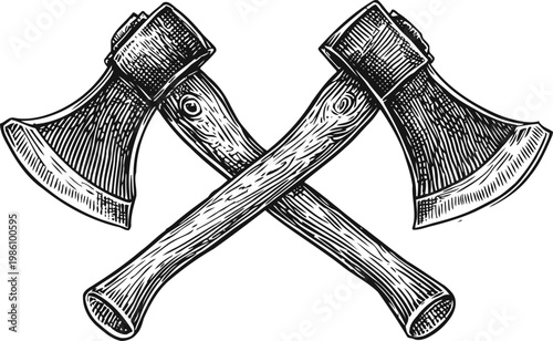 Crossed axes with wooden handles vintage hand drawn line art illustration of forestry tools for chopping wood