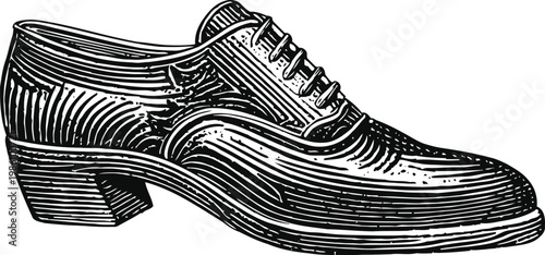 Men's classic dress shoe illustration in vintage engraving style, formal leather footwear design