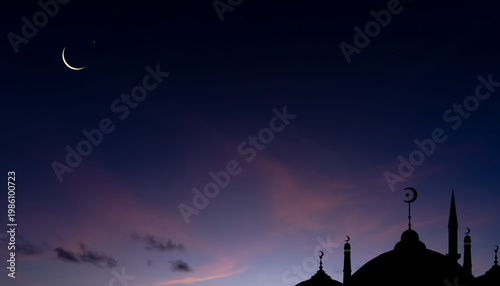 Ramadan background,Beautiful silhouette of mosque dome,crescent moon at twilight sky,Symbolizing Islamic culture,religion,celebration during begin Ramadan Kareem, Eid Mubarak, Eid Al Adha, Eid Al Fitr