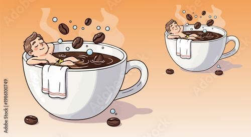 Cartoon man relaxing in a giant coffee cup bath, funny caffeine addiction concept illustration, man bathing in hot espresso with coffee beans