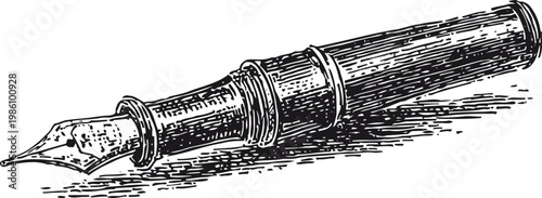 Vintage fountain pen illustration retro writing tool with intricate nib design and classic barrel