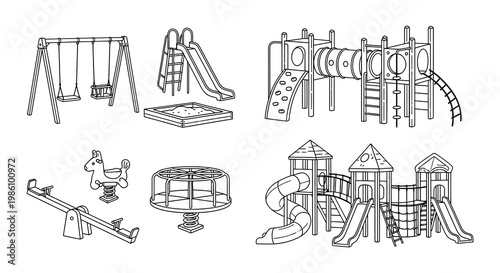 Line drawing of a playground with swings slides and other equipment