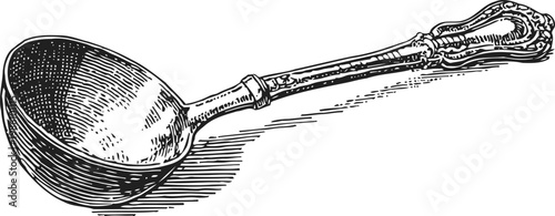 Vintage ornate ladle illustration with detailed handle and bowl in black and white engraving