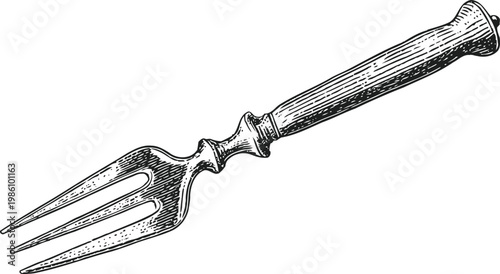 Vintage fork with wooden handle, antique kitchen utensil, hand drawn cutlery illustration