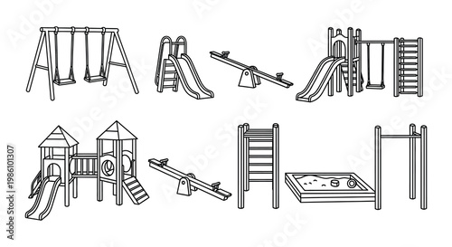 Line drawing of a playground with swings slides and other equipment