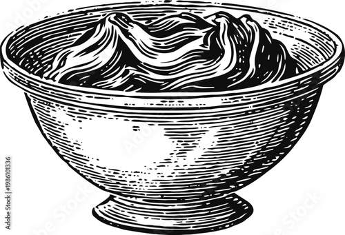 Whipped cream in a bowl vintage hand drawn illustration of creamy dessert topping in classic dish