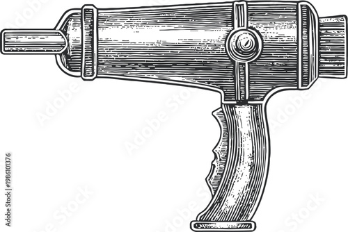 Retro drill gun engraving vintage hand tool for drilling wood and metal detailed illustration