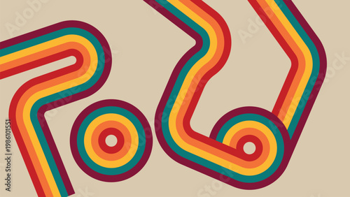 Retro 1970s Rainbow Striped Abstract Background With Curved Geometric Lines And Vintage Vibes