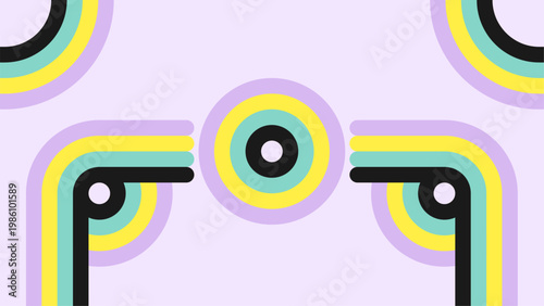 Retro Pastel Geometric Pattern With Rounded Concentric Circles And Colorful Lines