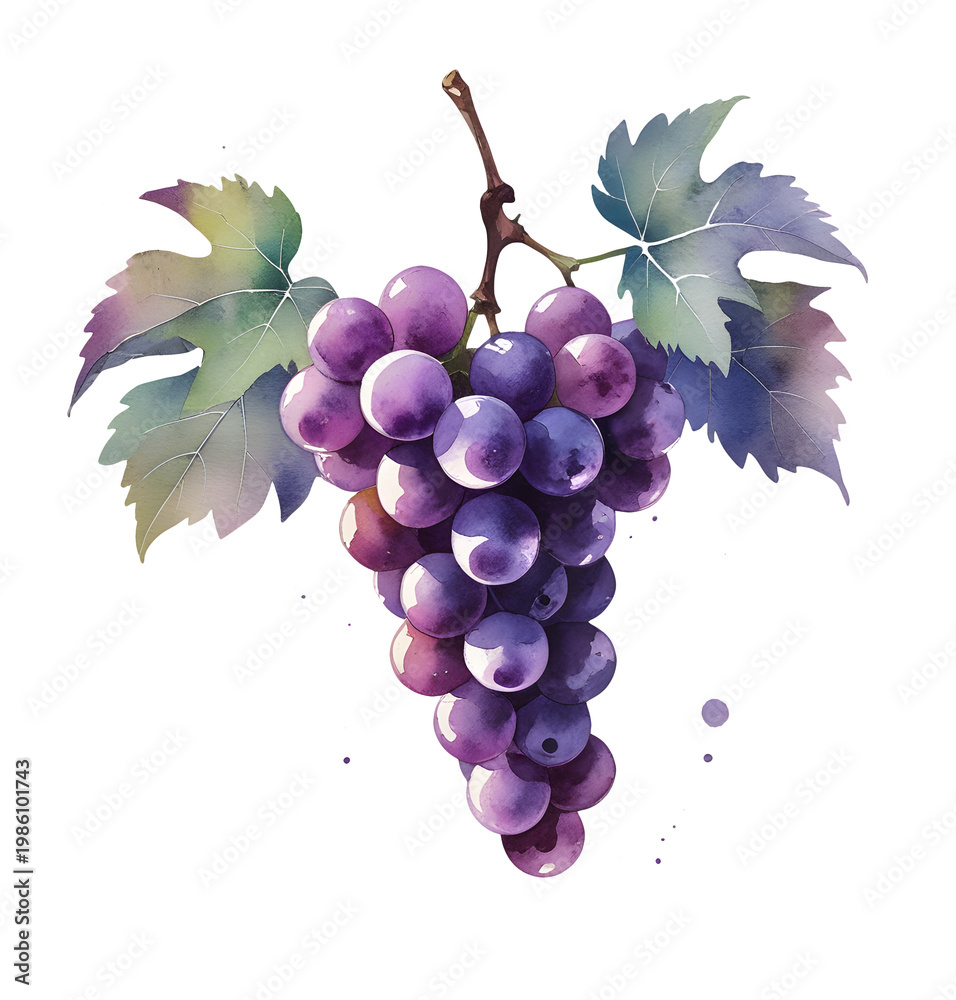 Obraz premium Purple Isabella Grapes Bunch with Green Leaves, Rustic Watercolor Illustration for Homemade Wine Label and Farmhouse Decor, Hand Painted Vineyard Graphic on Transparent PNG