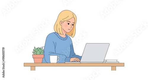 Focused Blonde Woman Typing on Laptop at Minimalist Desk with Coffee and Plant