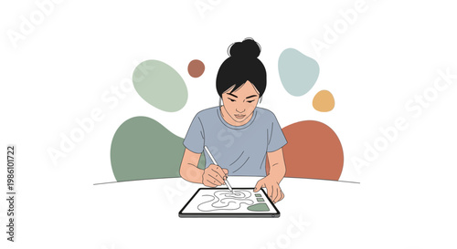 Asian Woman Creatively Designing on Tablet with Stylus, Casual and Minimalist Art