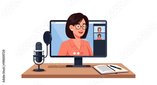 Brunette Woman with Glasses on Video Call, Smart-Casual Attire, Modern Desk Setup