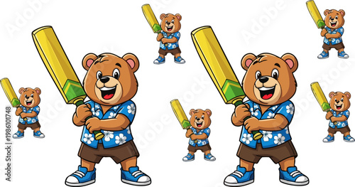 Cartoon bear cricket player mascot, cute brown bear holding yellow cricket bat, happy animal athlete in blue floral shirt vector illustration