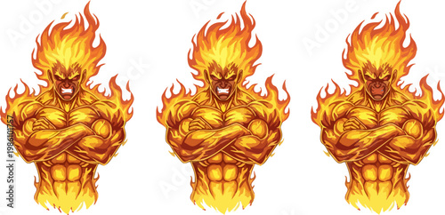 Fiery muscular demon character vector set, angry fire elemental man with crossed arms, burning flame spirit mascot collection for gaming and sports