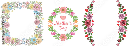 Mother's Day Floral Frame and Wreath Collection with Pink Roses and Hearts