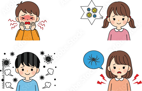 Cartoon Kids with Allergic Reactions, Skin Rash, Sneezing, and Itching with Pollen and Dust Mites as Triggers for Health and Allergy Illustration