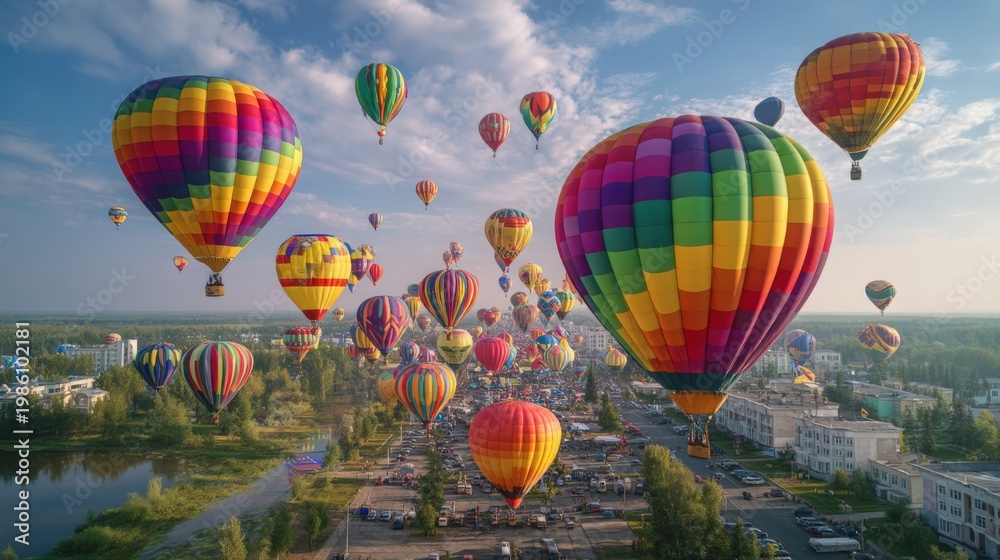 Fototapeta premium Colorful Hot Air Balloons Floating Over Scenic Landscape at Sunrise