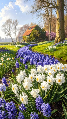 A serene garden scene with vibrant flowers and trees (1)