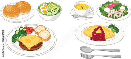 Healthy and Balanced Meal Set with Salad, Soup, Sandwich, Cheeseburger, and Omelette for Nutritious Breakfast or Lunch