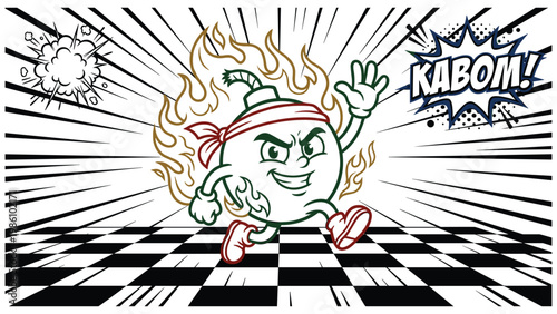 Fiery cartoon bomb character running on a checkered floor with an explosion and text.