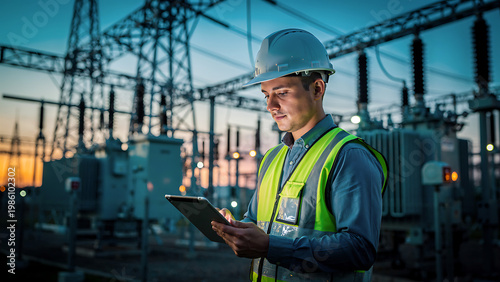 Engineer at Power Substation Monitoring Grid Systems Using Digital Tablet