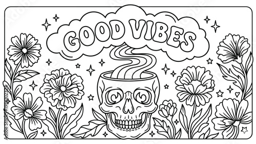 Good vibes skull with flowers and stars black and white coloring page.