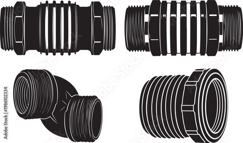 A detailed black silhouette of a pipe fitting showcasing its ribbed and threaded structure silhouette high quality professional.Pipe fitting showcasing its ribbed and threaded vector illutration.