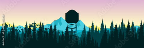 Summer Nature Background with Teal Mountain Forest and Watchtower for Seasonal Promotions