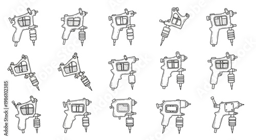 Collection of Tattoo Machine Icons Hand Drawn Style