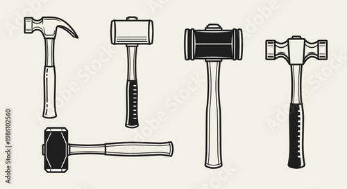 Collection of Hammers Tools Black and White Icons