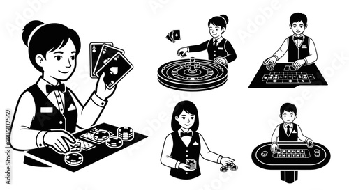 Casino Dealers and Games Collection Black and White Icons