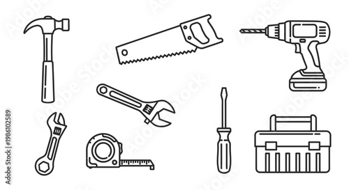 Collection of Hand Tools and Toolbox Line Icons