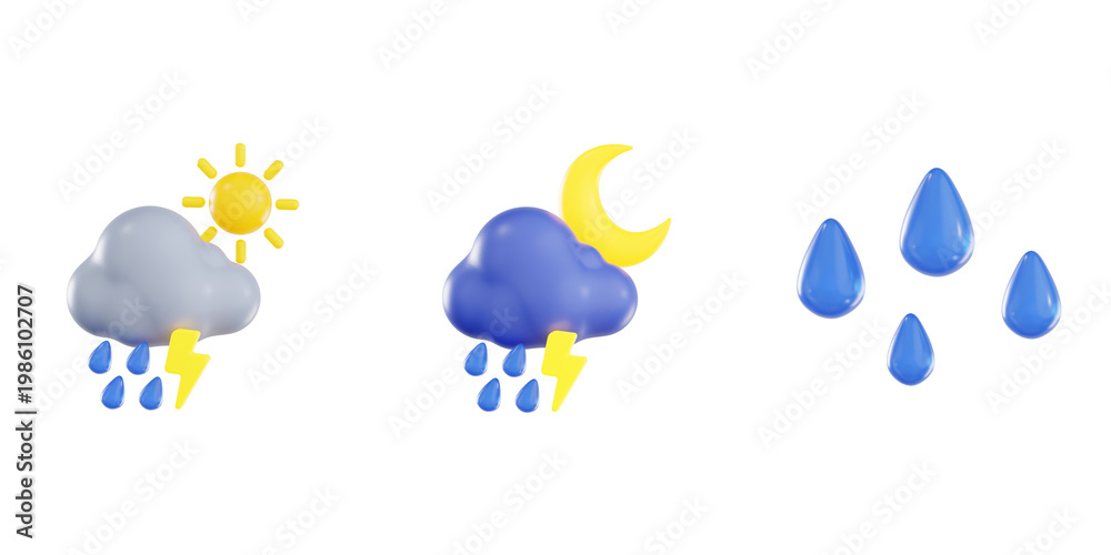 Obraz premium 3D render of weather icons featuring day and night thunderstorms with raindrops