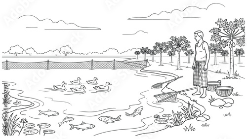 Man fishing in a calm river with ducks and fish, surrounded by trees and a rural fence.