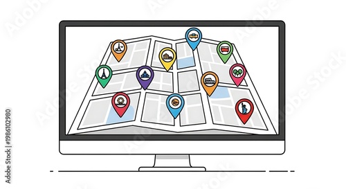 Computer Monitor Displaying a Detailed Map with Colorful Location Markers for Navigation.