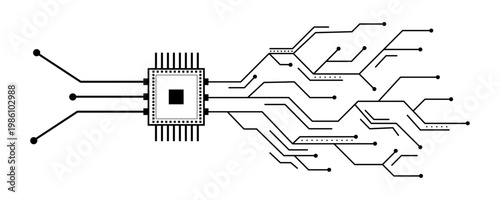 Electronic microchip component with neural network circuit lines on white background. Digital technology illustration showing processor unit with spreading connection paths, computer hardware design.