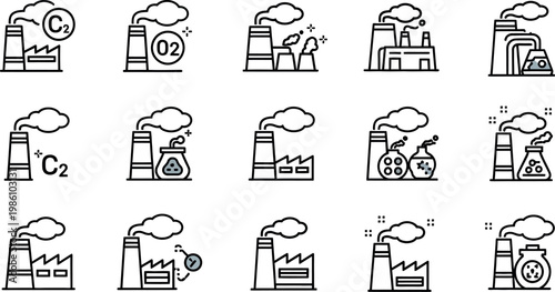 Industrial factory icons with smoke stacks.