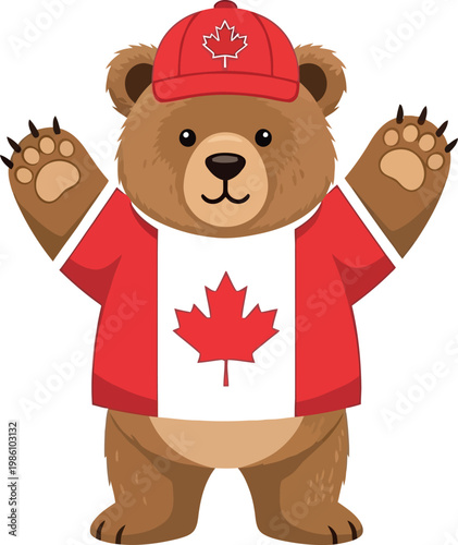 Brown bear wearing red cap.