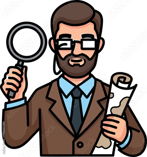 Cartoon man with magnifying glass.