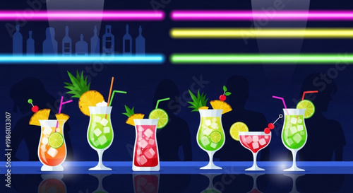 Colorful cocktails with umbrellas and fruit on a neon lit bar counter at night