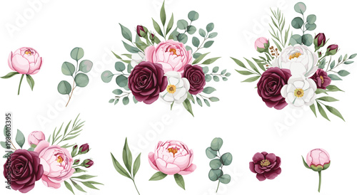 Beautiful floral collection with burgundy roses pink peonies and eucalyptus leaves in watercolor vector style isolated on white background for elegant wedding invitation design