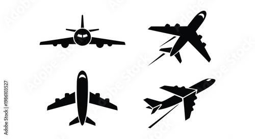 Collection of black silhouette airplane icons in various flight positions