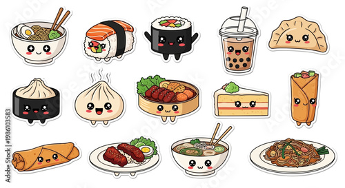 Kawaii Asian Cuisine Sticker Pack, Cute Ramen, Sushi, Dim Sum, and Street Food Vector Illustrations for Commercial Use.