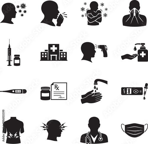 Influenza icon set with flu symptoms, virus, fever and medical healthcare symbols for design use.