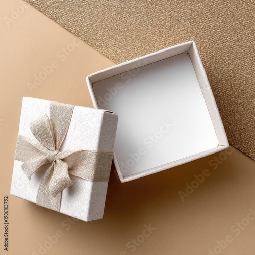 Open White Gift Box with Beige Ribbon on Brown Background
